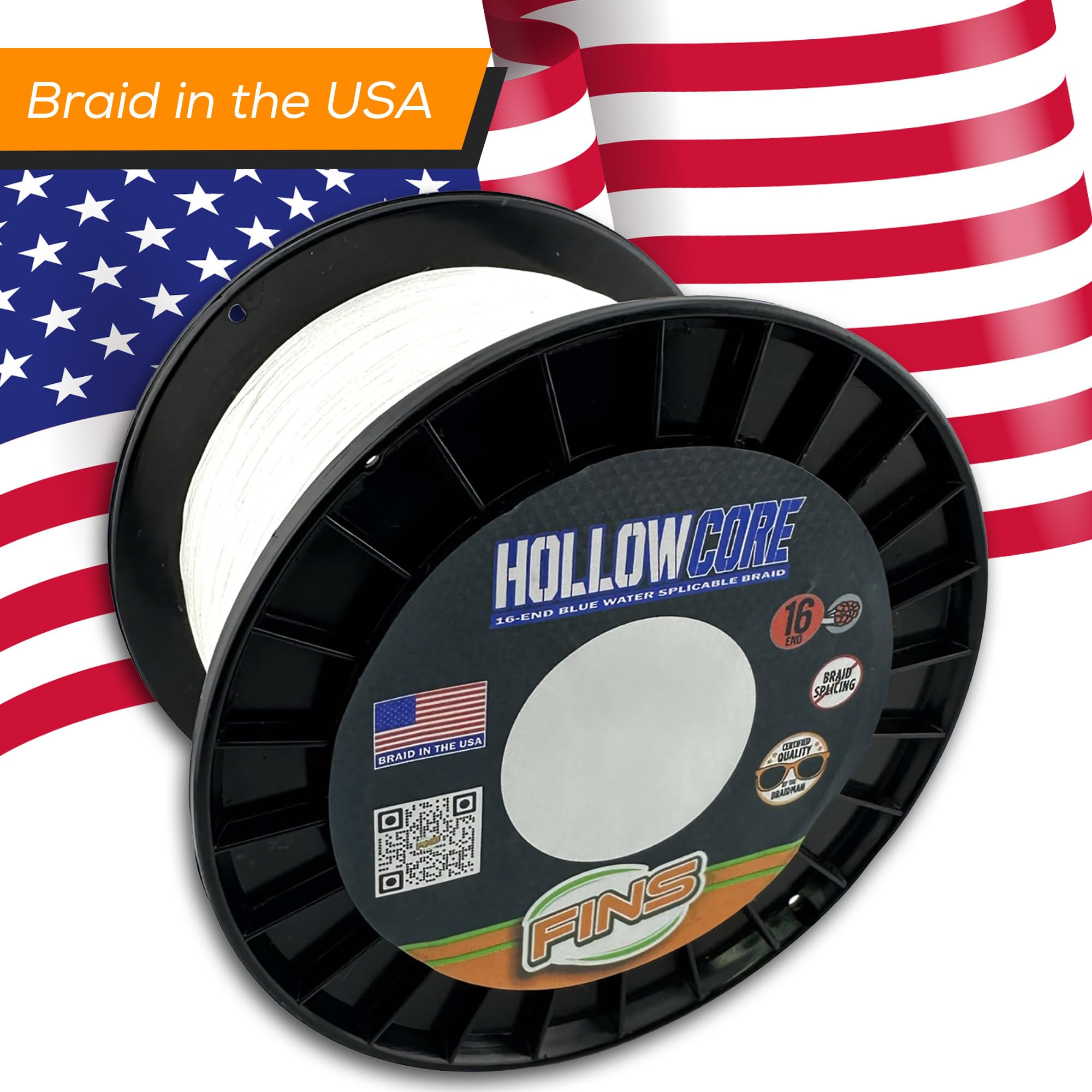 FINS Hollow Core Braided Fishing Line - USA Made, Spliceable Braid for Bluewater Angling, Superior Knotless Leader Transition - 16-Strand for Increased Reel Capacity - White - 150 lb - 600 Yds