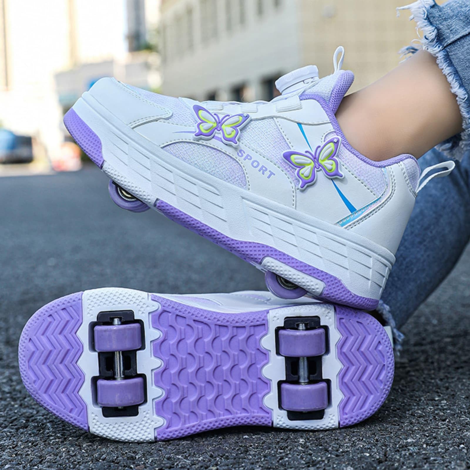 Surwin Zapatillas con 4 Ruedas Niña,Zapatos con Patines para Niñas Zapatos Deportivos de Niños con Ruedas 2 en 1 Hebilla Giratoria Decoración Mariposa Zapatillas de Skateboard 30-40 EU