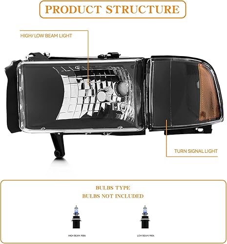 Miniatura 2 de Conjunto de faros delanteros compatible con Dodge Ram 1994-2001 15001994-2002 Dodge Ram 2500 3500, 4 unidades, carcasa negra, 1995 1996 1997 1998