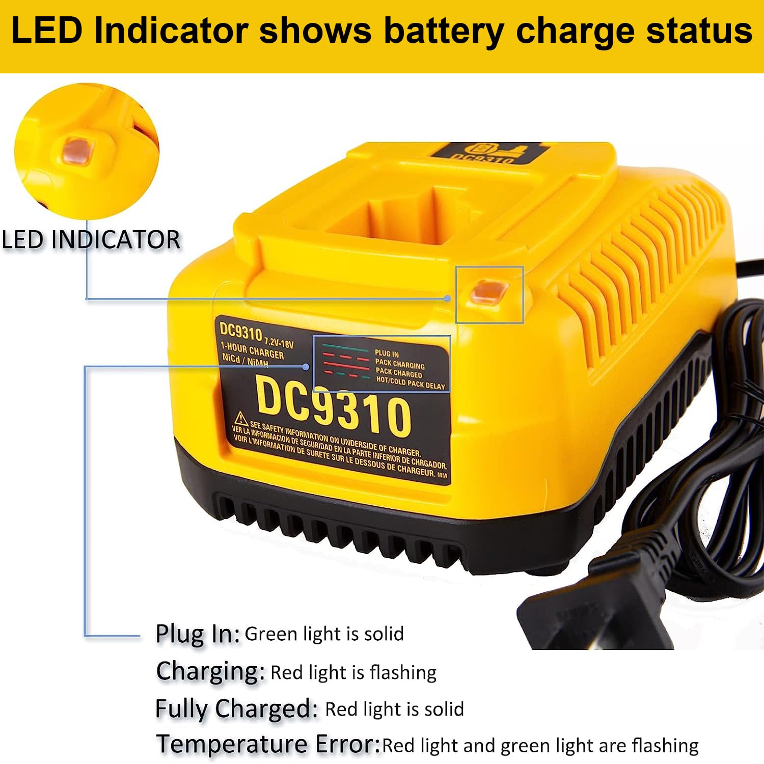 Dc9310 Charger 18V For Dewalt 7.2V-18V XRP NiCd/NiMH Batteries - Compatible  With DC9096, DC9098 Battery Packs Dewalt 18 Volt Battery Charger