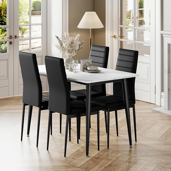 Dining Table and Chairs Set 4, 120cm Marble Effect Table with PU Chairs