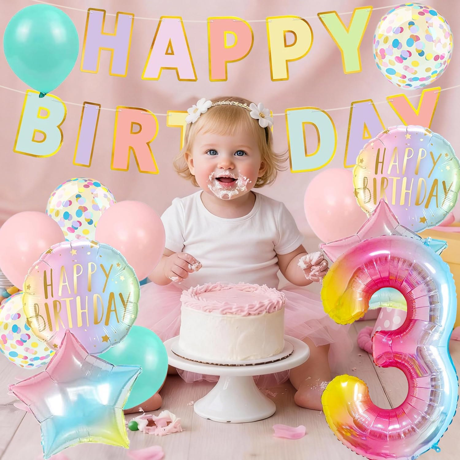 Happy 3rd Birthday Decorations, Includes Rainbow Gradient Number 3 Balloon, Banner, Light Pink Blue Colorful Confetti Balloons, Star Round Foil Balloon for Pastel Rainbow Birthday Decor Supplies image 4
