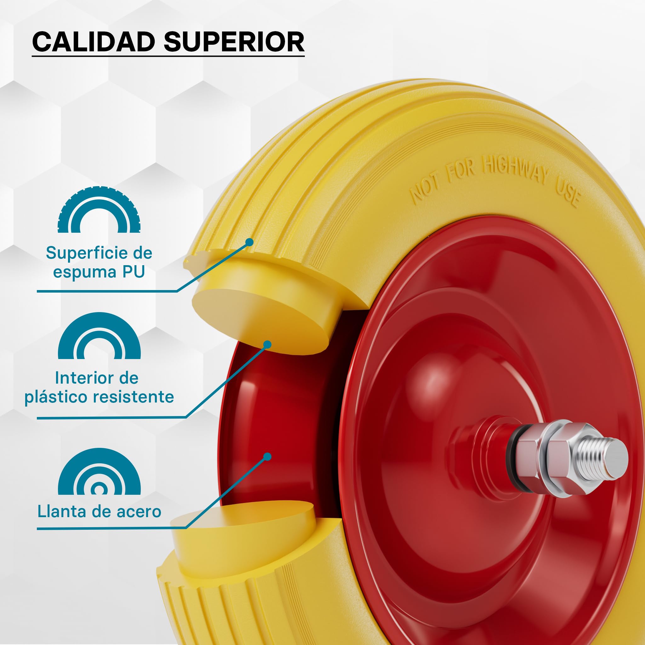 Wiltec Rueda para carretilla PU maciza antipinchazos 3.50-8 con eje enchufable 130 kg