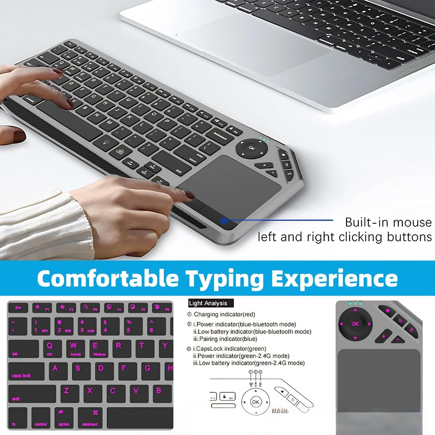 Yoidesu Wireless Touch Keyboard, 2.4G Bluetooth Dual Mode 78 Keys Desktop Wireless Keyboard with Built in Multi Touch Touchpad, Multimedia Hotkey, 7 Color Backlight