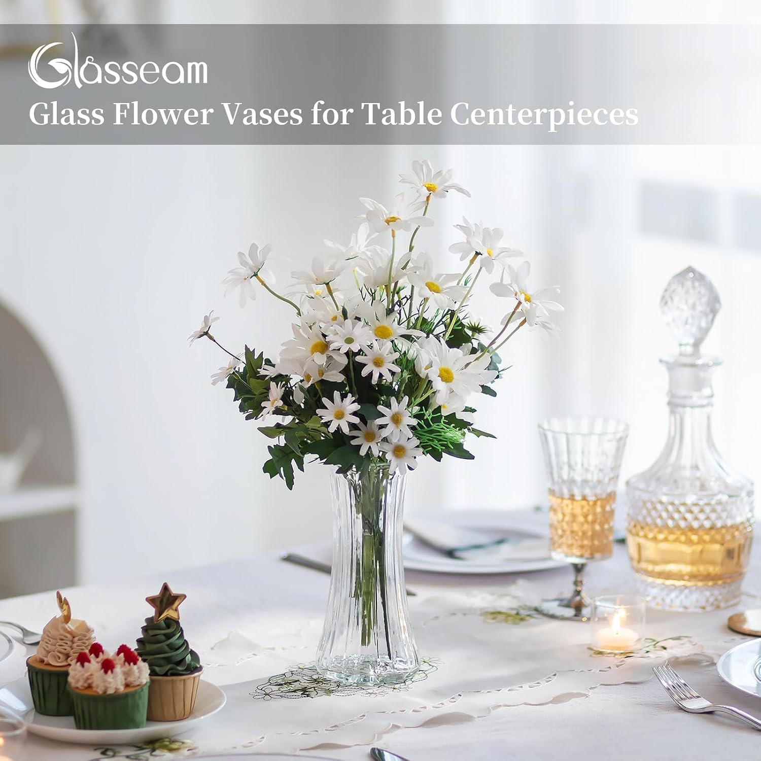 Glasseam Glass Flower Vases for Centerpieces: Clear Vases Home Decor | 7.5" Tall Table Centerpieces for Tulip Bouquet Lego Flowers, Modern Indoor Home Wedding Decor Gift