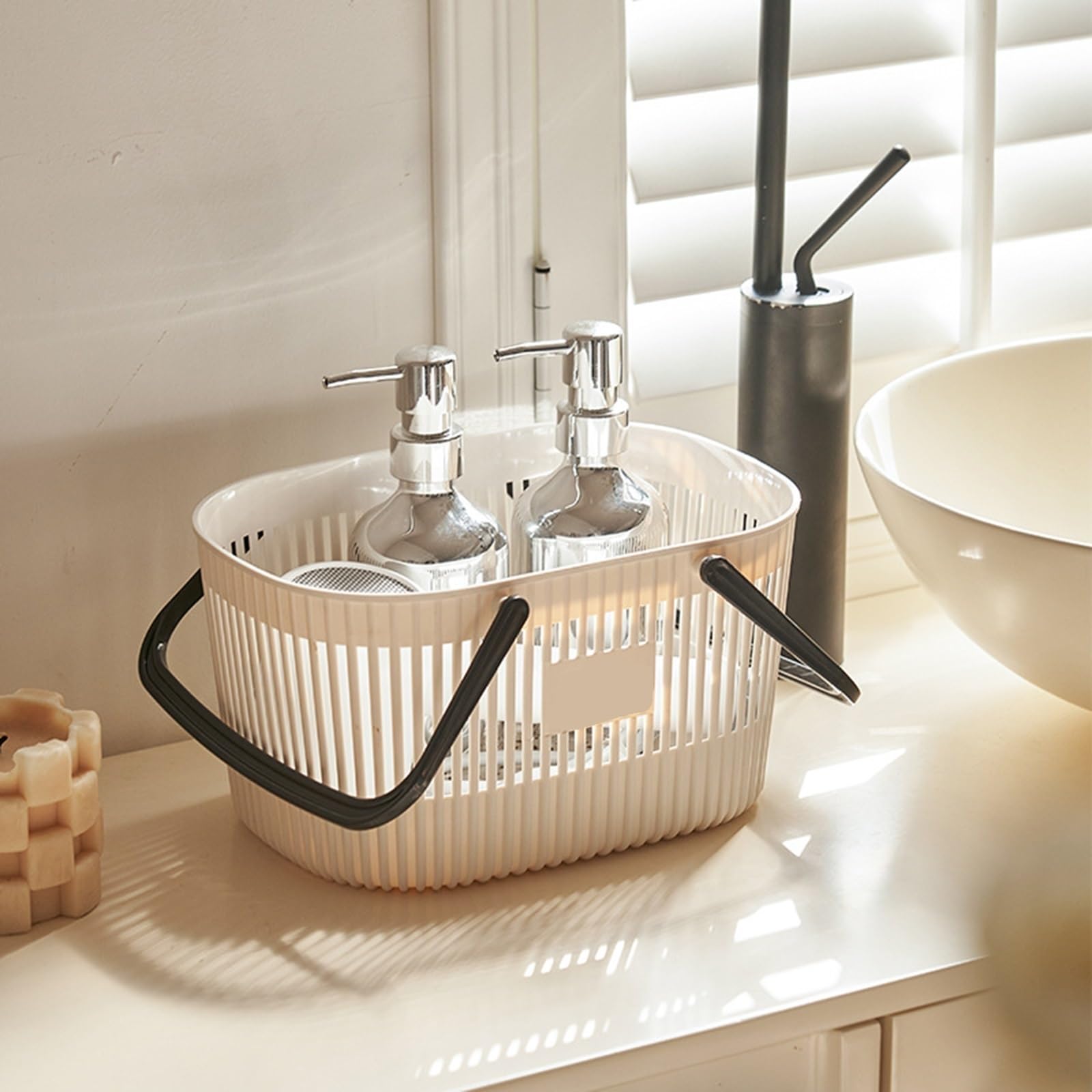 Cesta De Ducha Cesta de Almacenamiento de Gran Capacidad, Organizador de plástico Grueso con Asas, Organizador de Drenaje, contenedor for artículos de tocador para Baño(White)