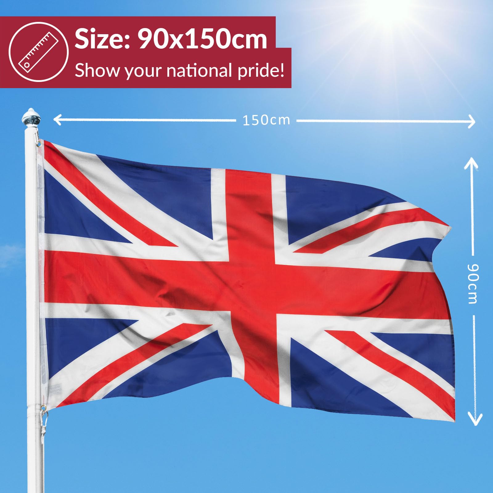 PHENO FLAGS Union Jack - Union flag 3x5ft with brass eyelets - weatherproof national flag for flagpole - 100% polyester - 90x150cm - Image 2