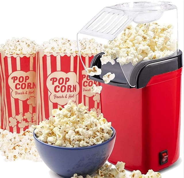 Almineez Retro Popcorn Maker  Red 1200W Electric Popcorn Machine with Hot Air Circulation Popcorn Popper - for Fat-Free and Healthy Snacking - Perfect for Home Cinema With 6 Bags