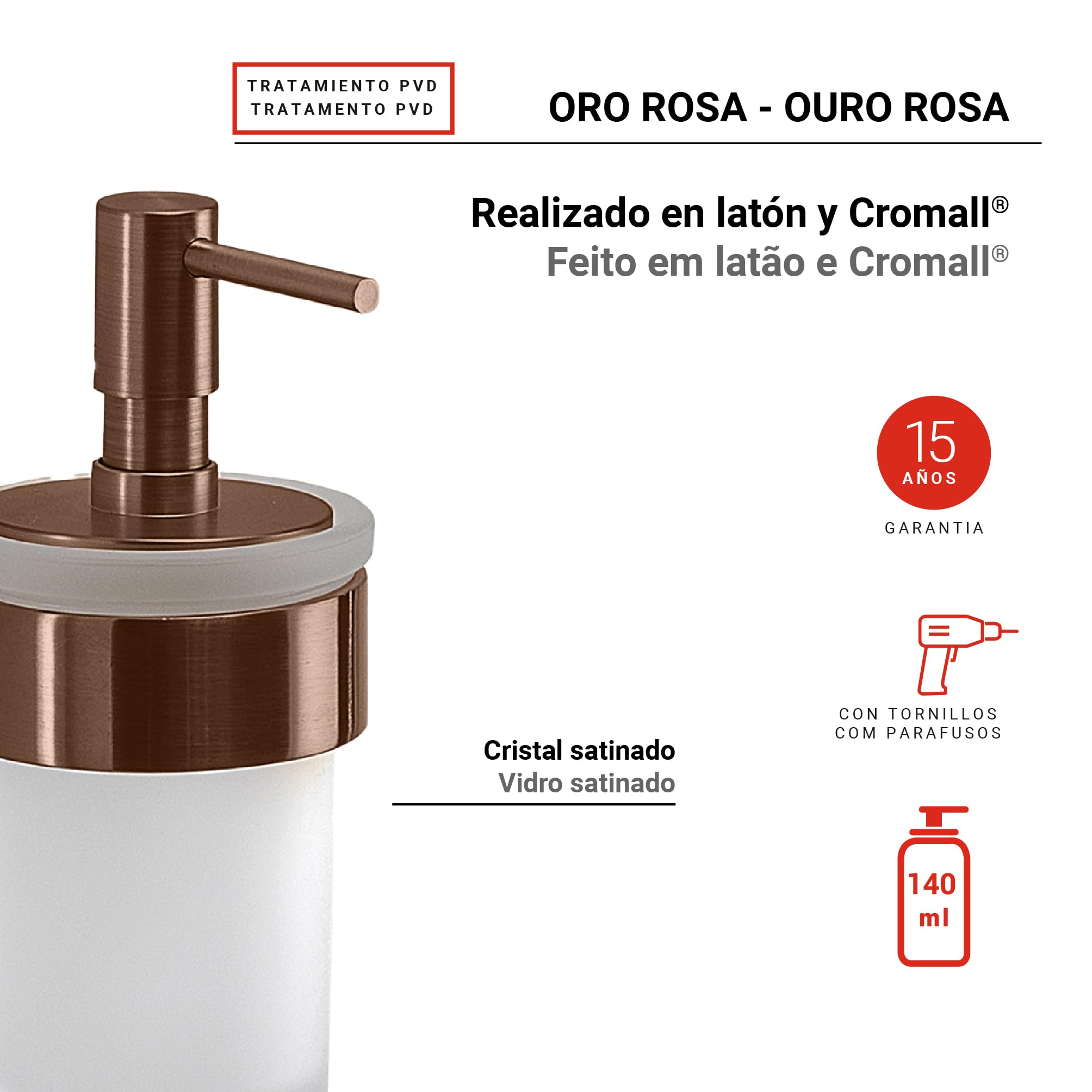 Gedy PIRENEI Dispenser di sapone bagno da parete, oro rosa, trattamento PVD, ottone, vetro e plastica, capacità 140 ml, 6,9 x 10,5 x 15,1