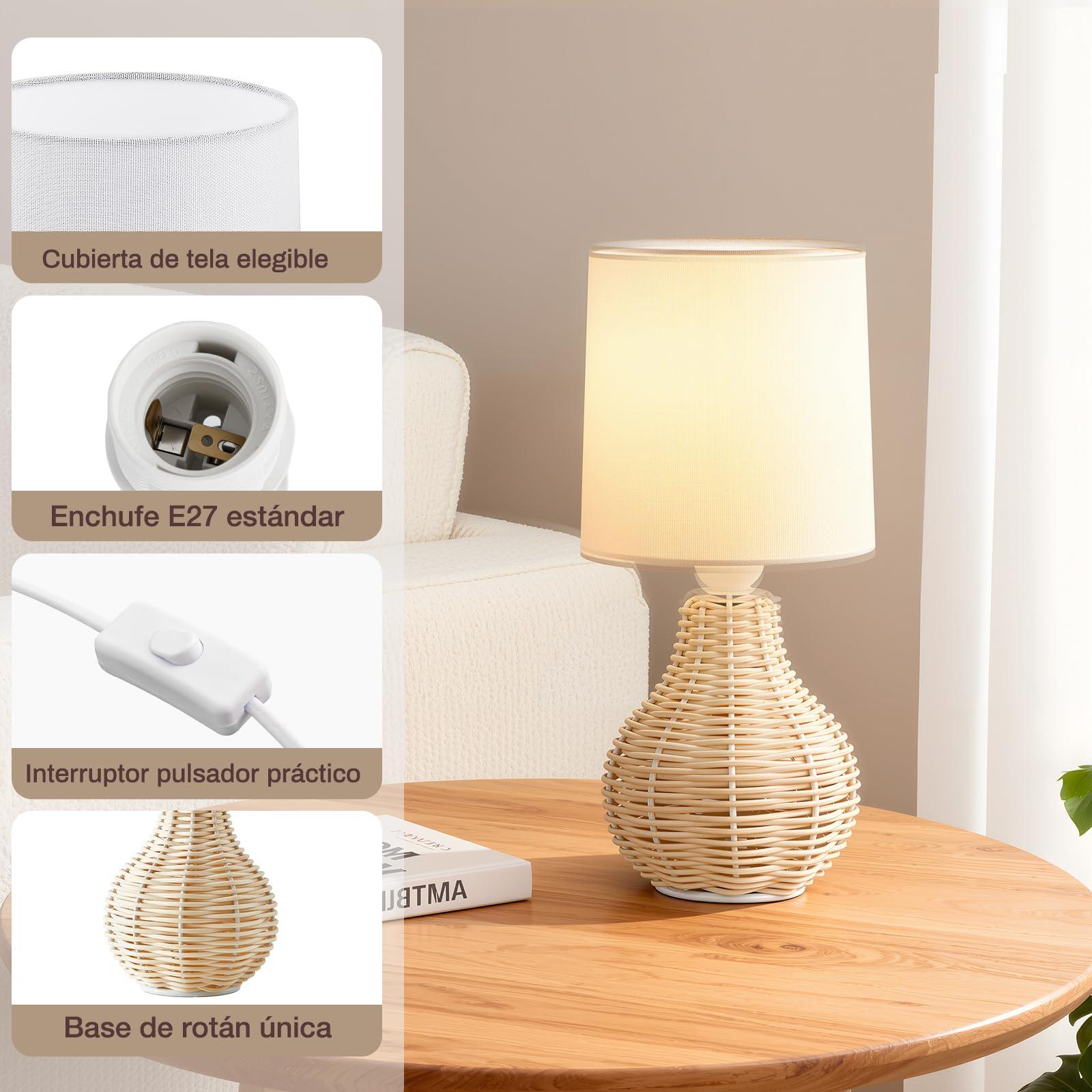 GyroVu Juego de 2 lámparas de mesa bohemias, lámparas de mesita de noche, de ratán, pequeñas lámparas para decoración rústica del hogar, dormitorio, mesita de noche, sala de estar, escritorio de