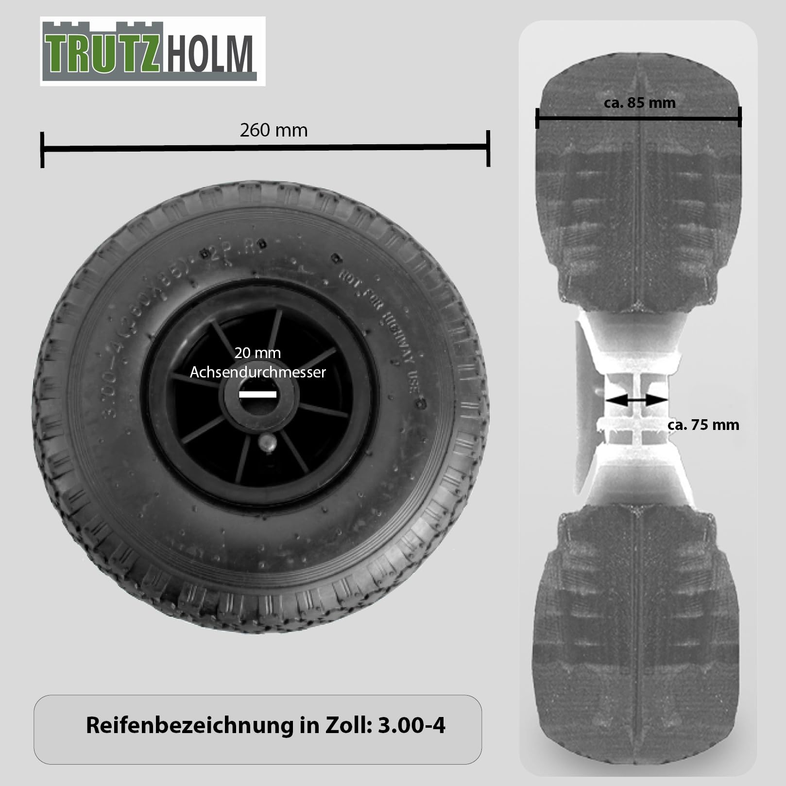 TRUTZHOLM 4x Sackkarrenrad Luftrad 260x85 mm 3.00-4, schwarz
