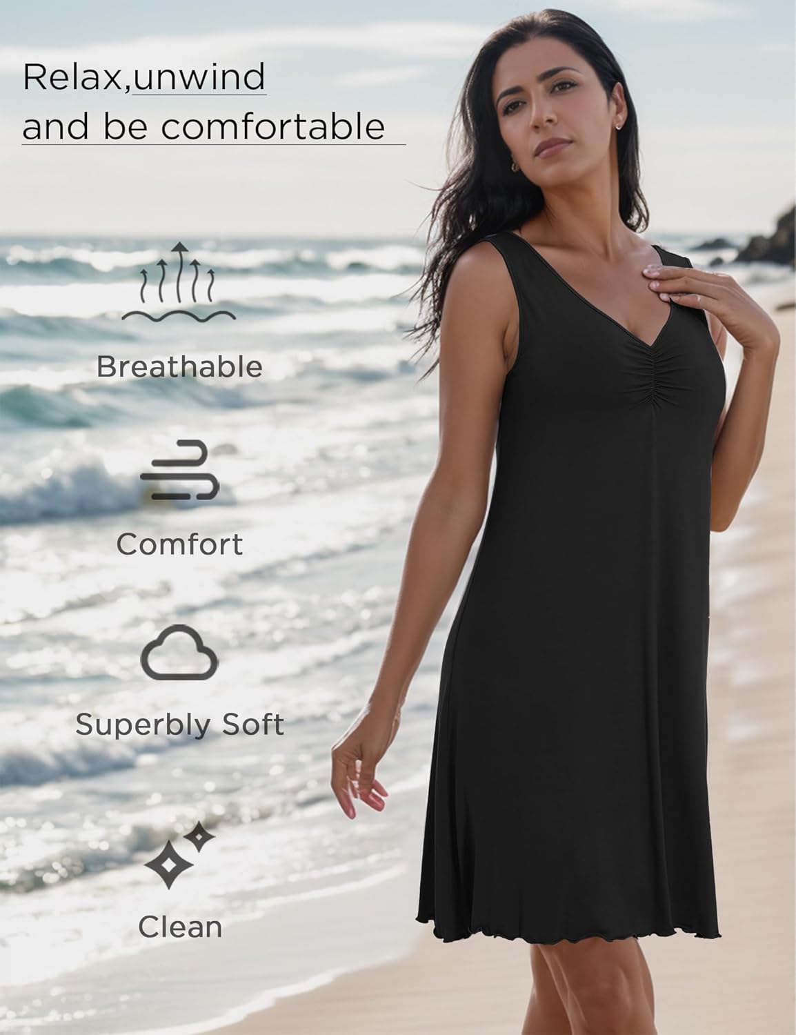 GYS Sleeveless Nightgowns for Women Soft Viscose Sleepwear Pleated Tank Sleep Shirts V Neck Pajama Dress - Image 3