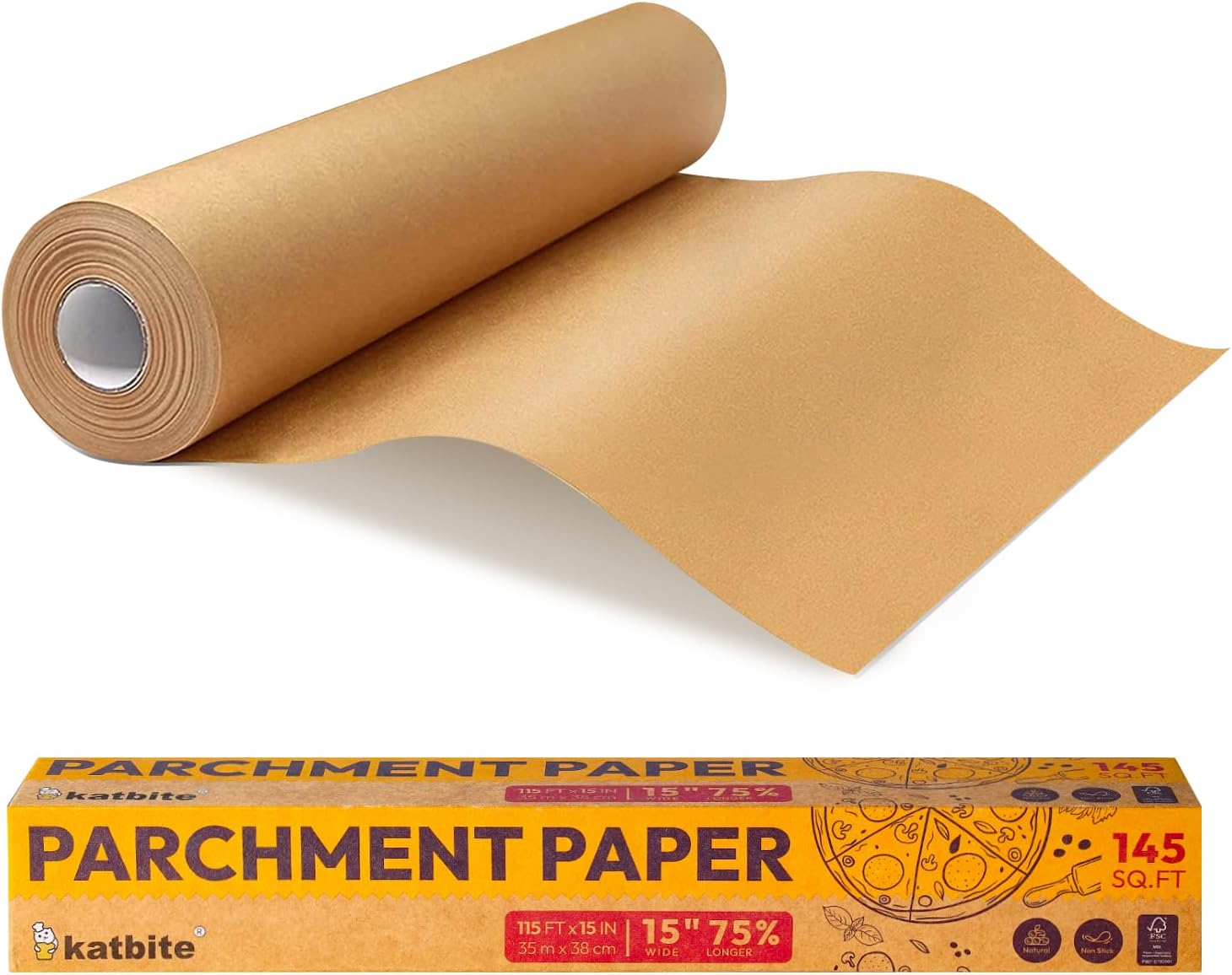 Katbite 15in x 115ft, 145 Sq.Ft Parchment Paper Roll for Baking, Non-Stick Longer Unbleached Parchment Roll for Cooking, Air Fryer, Steaming, Bread