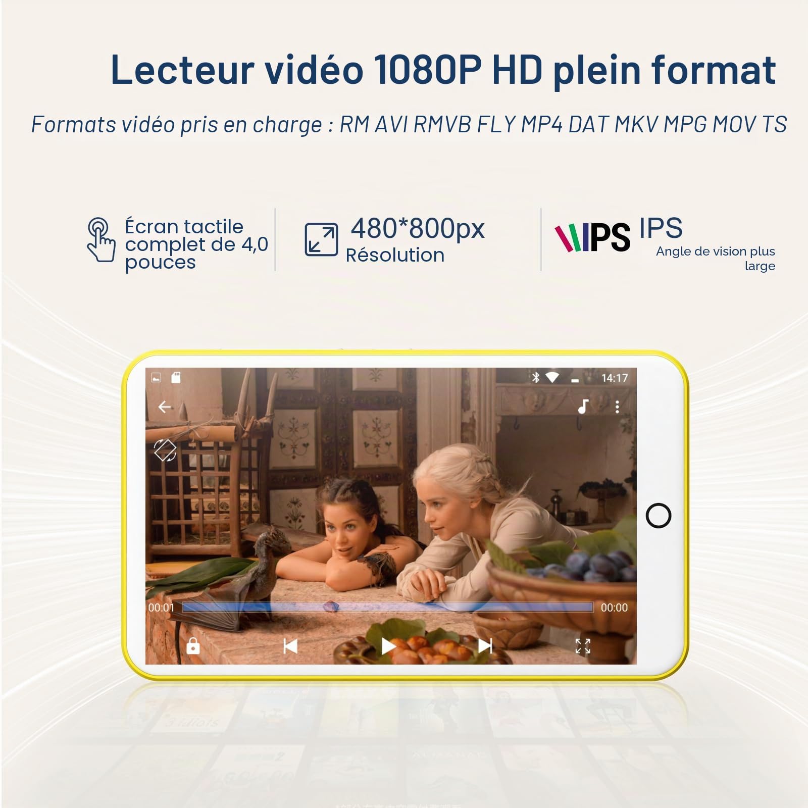 Lecteur MP3 avec Bluetooth et WiFi, Oilsky 80GB 4'' 1080P Lecteur MP4 à écran Tactile, Android 9.0, Lecteur MP3 Portable avec Spotify, Audible, Deezer (Jaune)