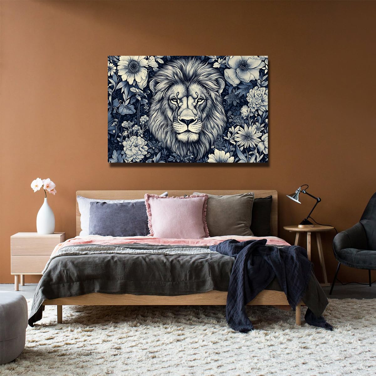 Arte mural León floral en lienzo Azul oscuro Decoración botánica 65x100cm