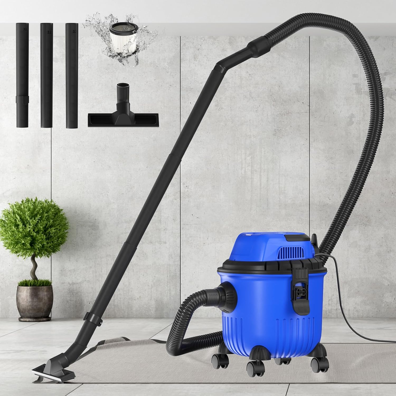 Wet and Dry Vacuum Cleaner 800W House Cleaning 3-in-1 Wet-Dry Vacuums with Blowing Function 15 Litre Large Container and 2M Power Cord Indoor & Outdoor for Home/Garden/Shop/Garage - Blue
