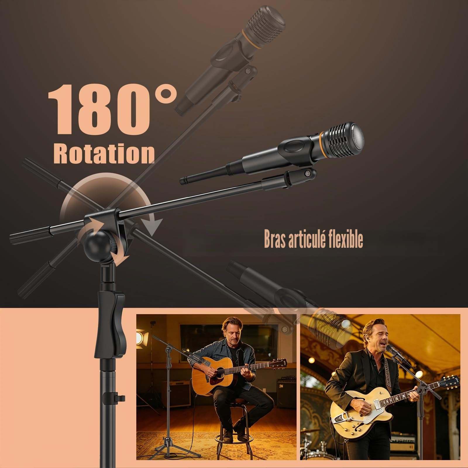 Support Microphone à Pied, Trépied avec Perche,Pinces et Adaptateur | Support Microphone, Robuste et Réglable, Performance, Chant, Discours, Mariage, Scène et Extérieur