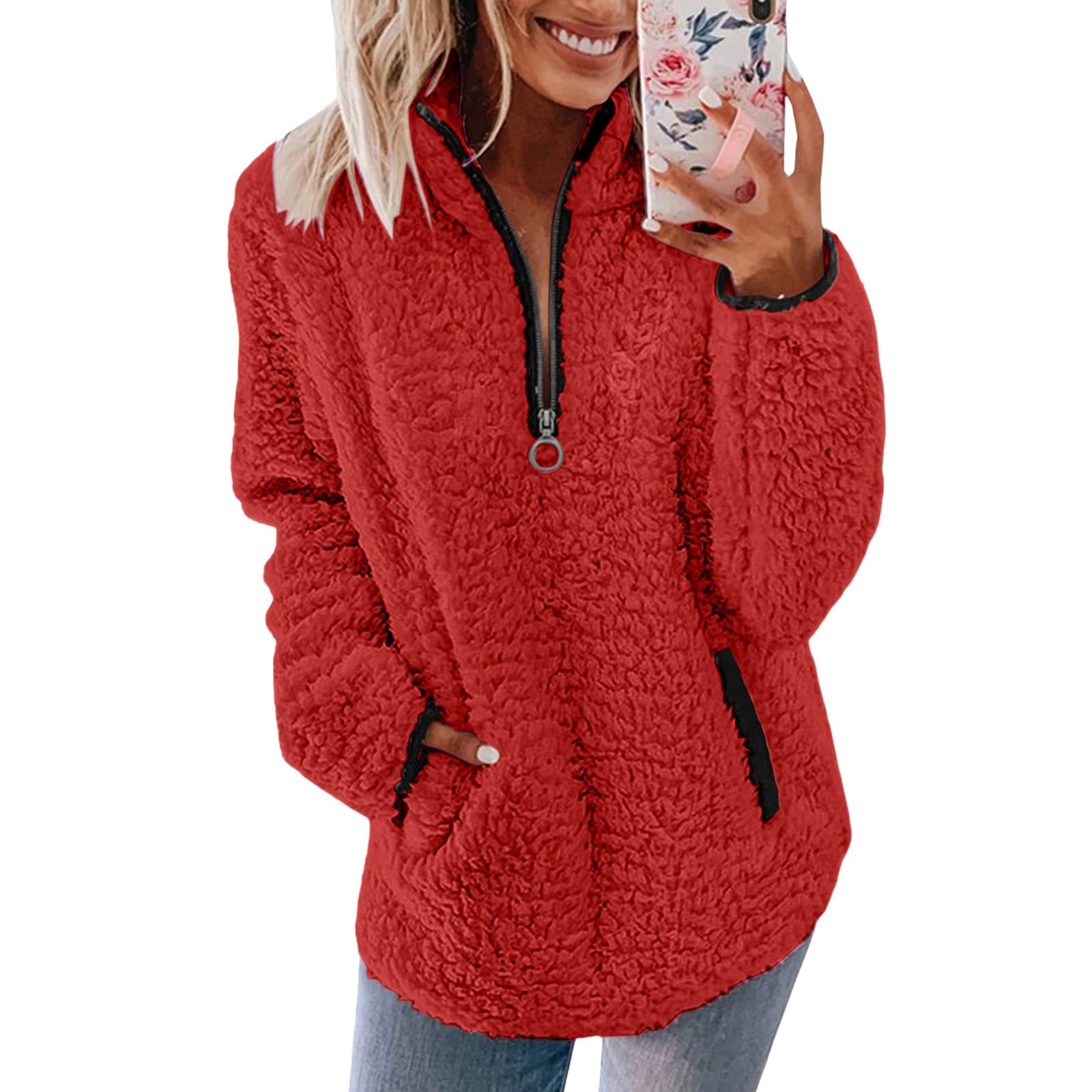 Women Fleece Pullover 1/4 Zip Fluffy Teddy Pullover Sweatshirt Casual Pullover Cozy Coat Tops Autumn Winter Stand Collar Fleece Jacket with Pockets-picture-36