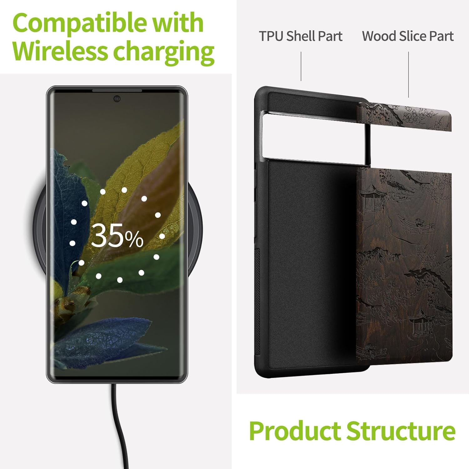 Carveit Wood Case for Pixel 8 Pro Case [Natural Wood & Black Soft TPU] Shockproof Protective Unique Wooden Cover Compatible with Google Pixel 8 Pro (Chinese Landscape Painting-Blackwood)