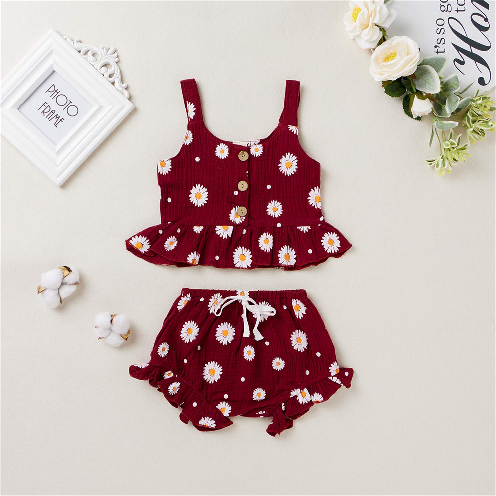 Toddler Baby Girls Summer Outfits Ruffle Sleeveless Vest Tank Crop Tops and Bloomers Shorts Set (A-Wine Red,1-2 T)
