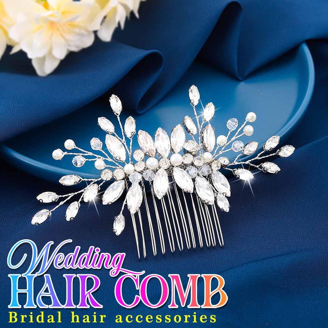 HEREAD Rhinestone Bride Wedding Hair Comb Silver Crystal Bridal Hair Pieces Pearl Hair Accessories for Women (Silver)