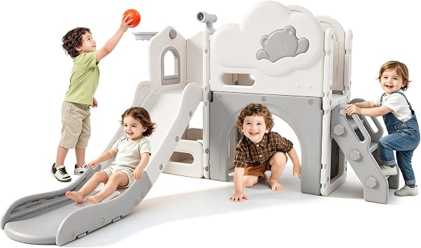 Toddler Slide, Kids Slide with Basketball Hoop, Crawling Tunnel, Climbing Ramp, Toy Telescope & Storage, Indoor Outdoor Activity Toy for Preschoolers,Climber Slide Playset for 1-3 Years