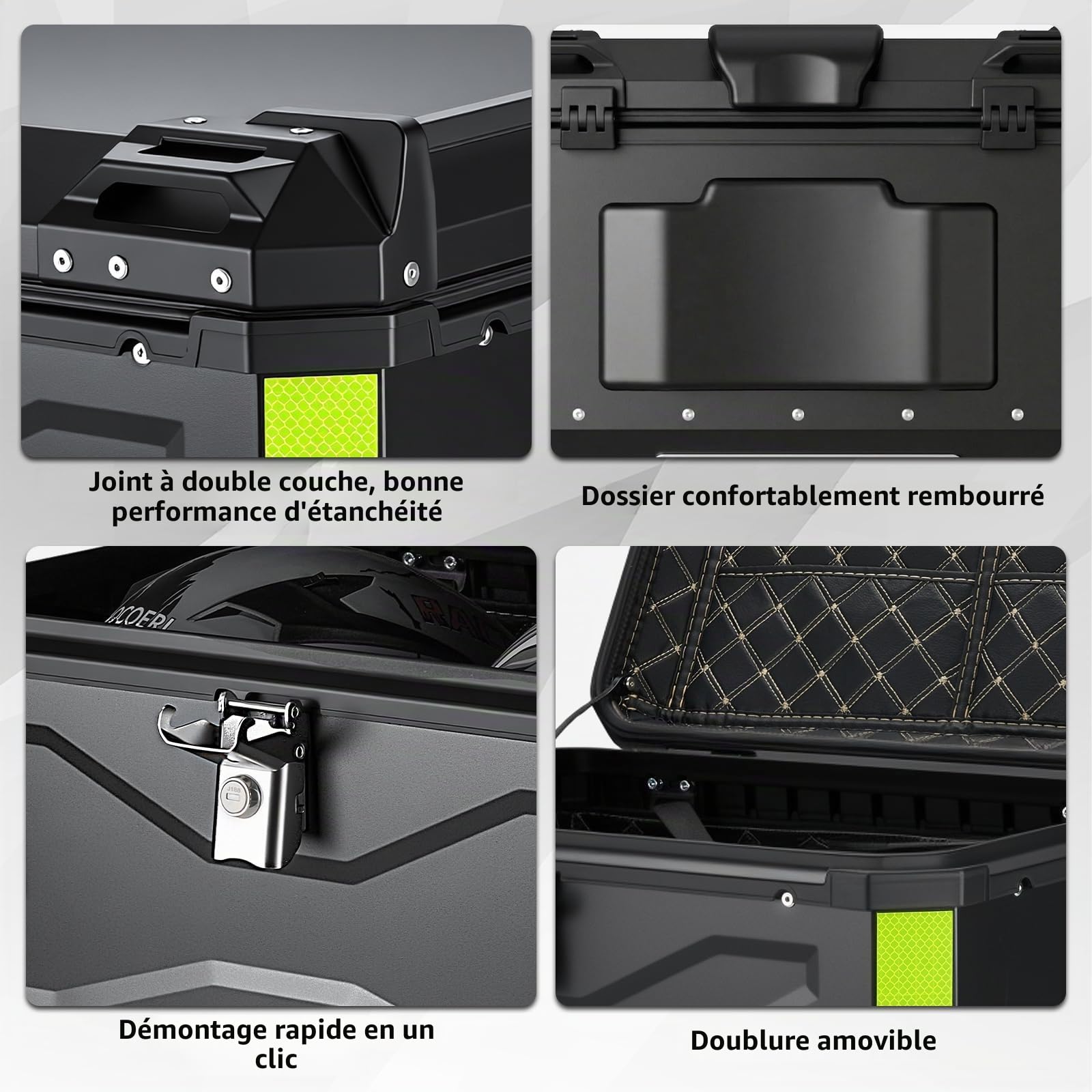 Top Case Universel pour Moto 65L, avec Dossier et Serrure de Sécurité, Coffre de Rangement pour Casque de Moto Étanche, Aluminium，Support de Fixation Universel (Noir)