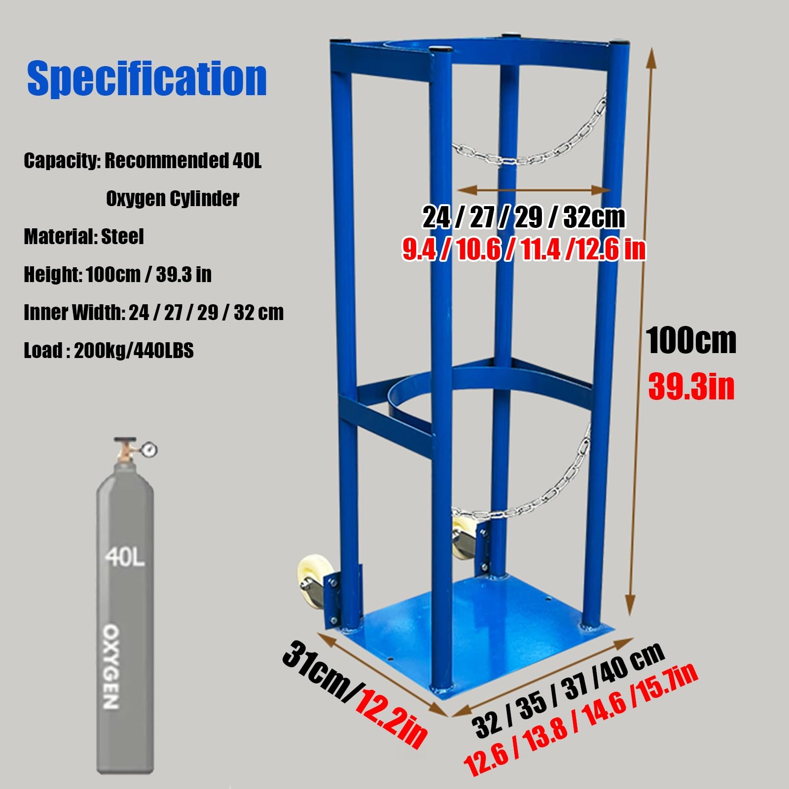 WDJBPSH Freestanding Heavy-Duty Gas Cylinder Cart with Handle, 1 Bottle Cylinders Organizer Holder for Storage Oxygen Tank/Propane Tank/ Co2 Cylinder/Nitrogen Tank, Blue(Inner Width 29 cm/11.4 in)
