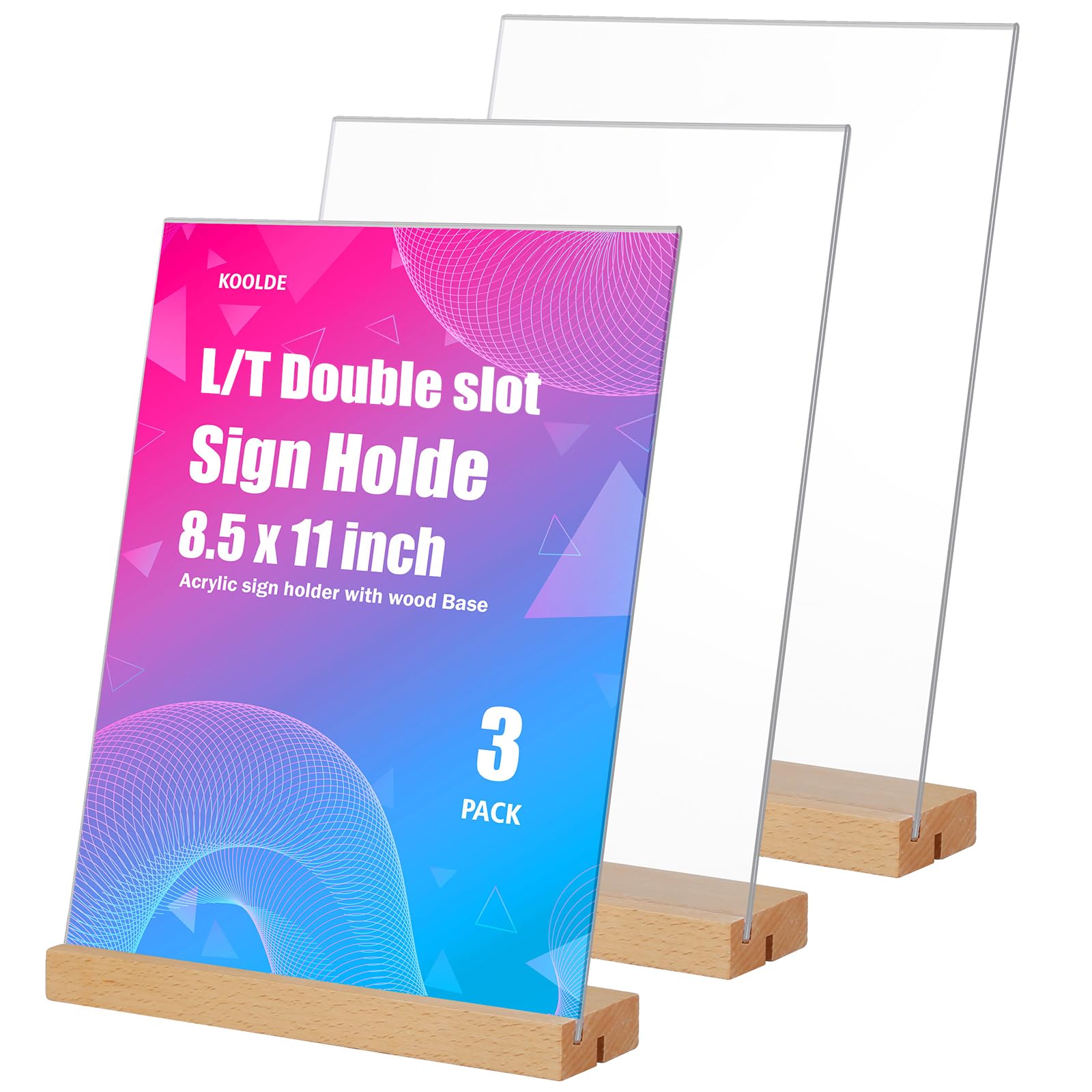 KOOLDE Acrylic Sign Holder 8.5 x 11 Inch L/T Shape Wood Base Double