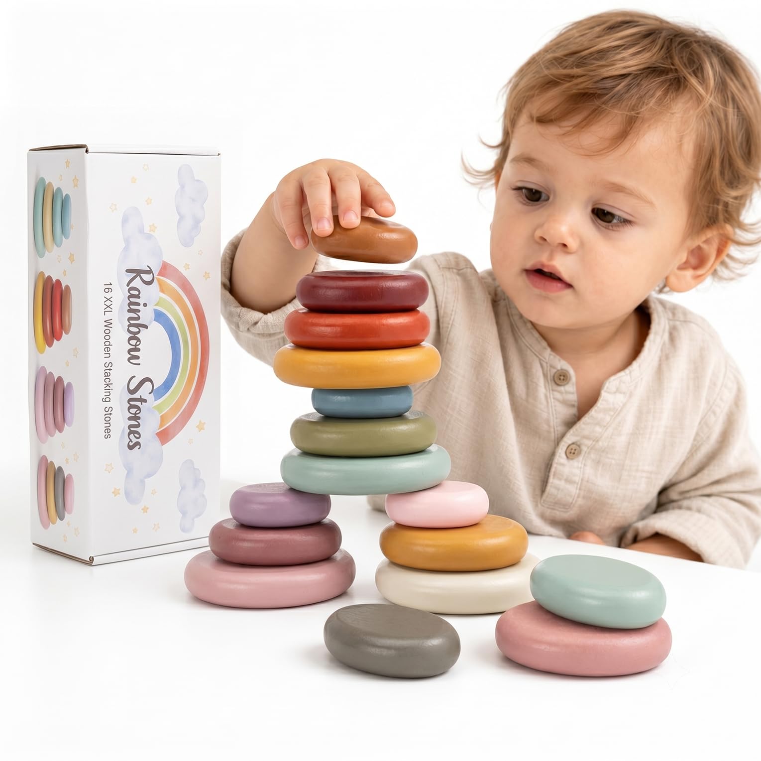 Rainbow Stones Wooden Stacking Rocks for kids 2-4, 16 PCS Montessori Waldorf Toys for 3 4 5 6 Year Old, Balancing Stones, Stacking Building Blocks, Sensory STEM Gift for Boys Girls Kids