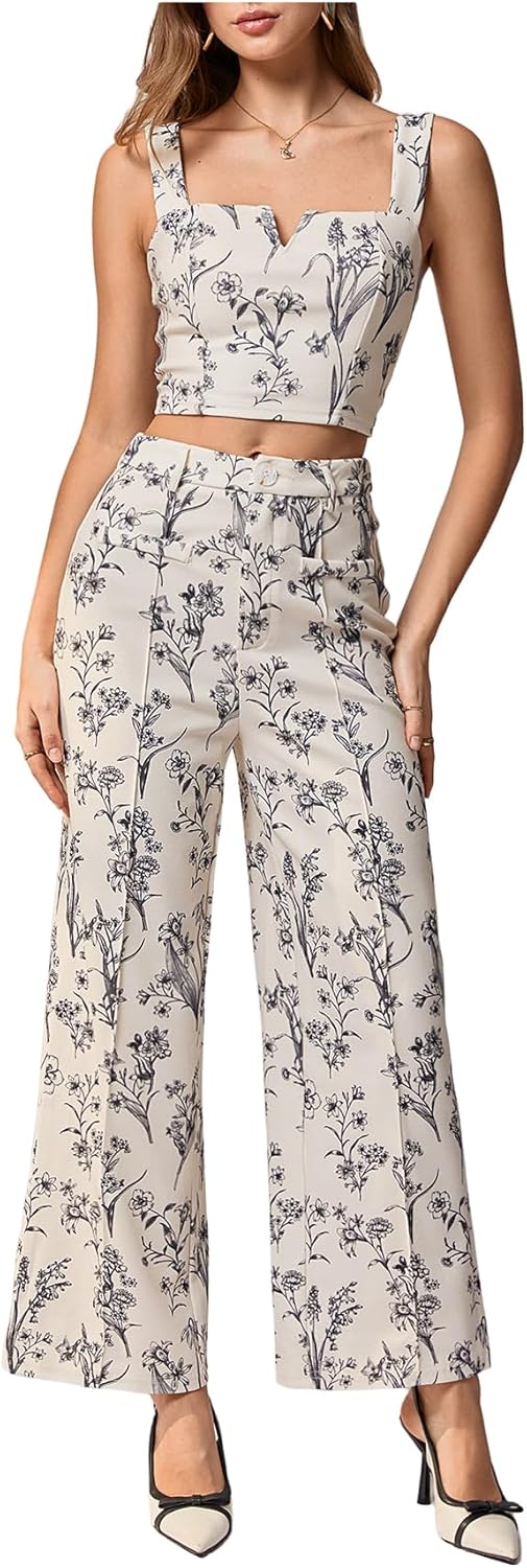 WDIRARA Women's 2 Piece Set Floral Sleeveless Tank Top High Waisted Wide Leg Pants Outfits