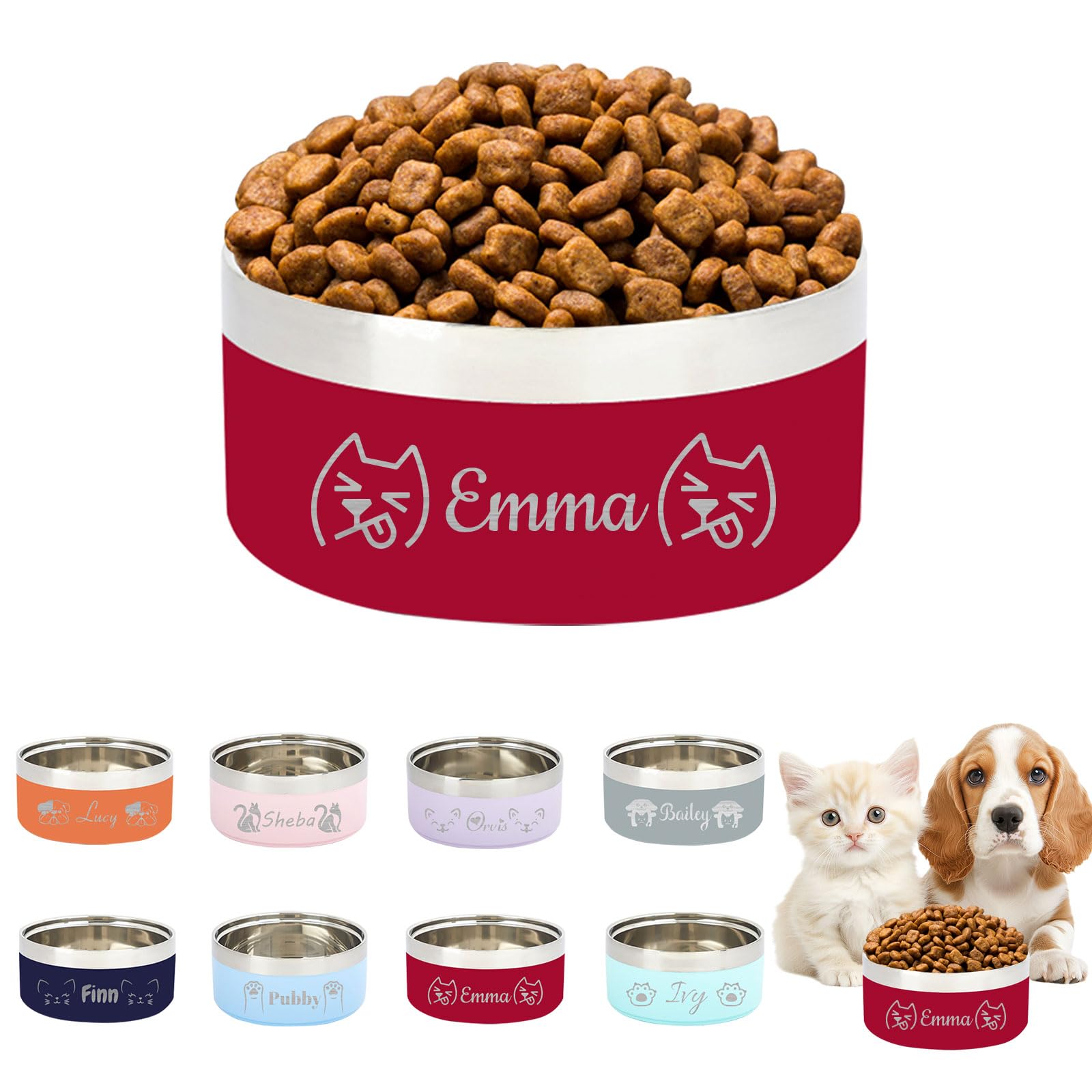 Personalized Pet Bowl for Cats Dogs with Name, Customized Cat Food & Water Feeding Bow, Custom Stainless Steel Dog Bowls, Cute Double-Layer Non-Slip Cat Food Bowl for Customizable Pet Gifts - Red