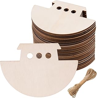 AWIZOM 48 Pcs Wooden Noah's Ark Cutouts Unfinished Wood Noah's Ark Shape Ornaments Blank Wooden Slices with 32.8 Ft Twine for DIY Craft Tags Wedding Birthday Baby Shower Hanging Decor,3.94x2.76