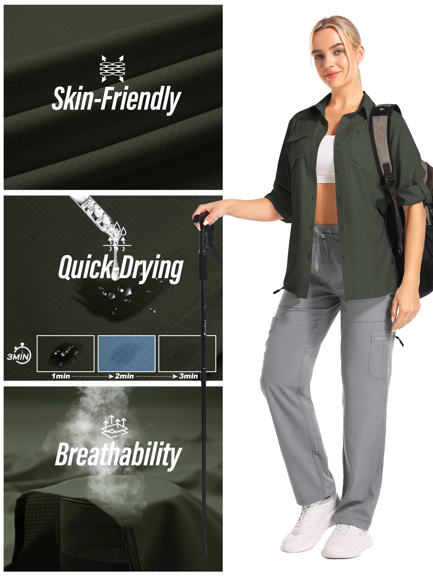 Chemises de protection solaire UV UPF 50 à manches longues pour femme, chemise de randonnée, safari, pêche, voyage