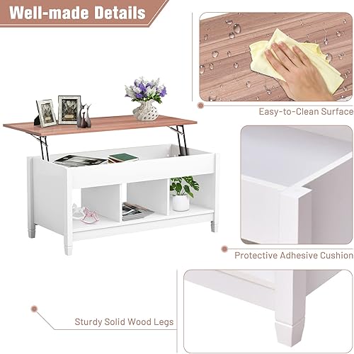Miniatura 17 de COSTWAY Mesa auxiliar elevable, con compartimento de almacenamiento oculto y 3 estantes abiertos, mesa de té rectangular de cóctel con patas de