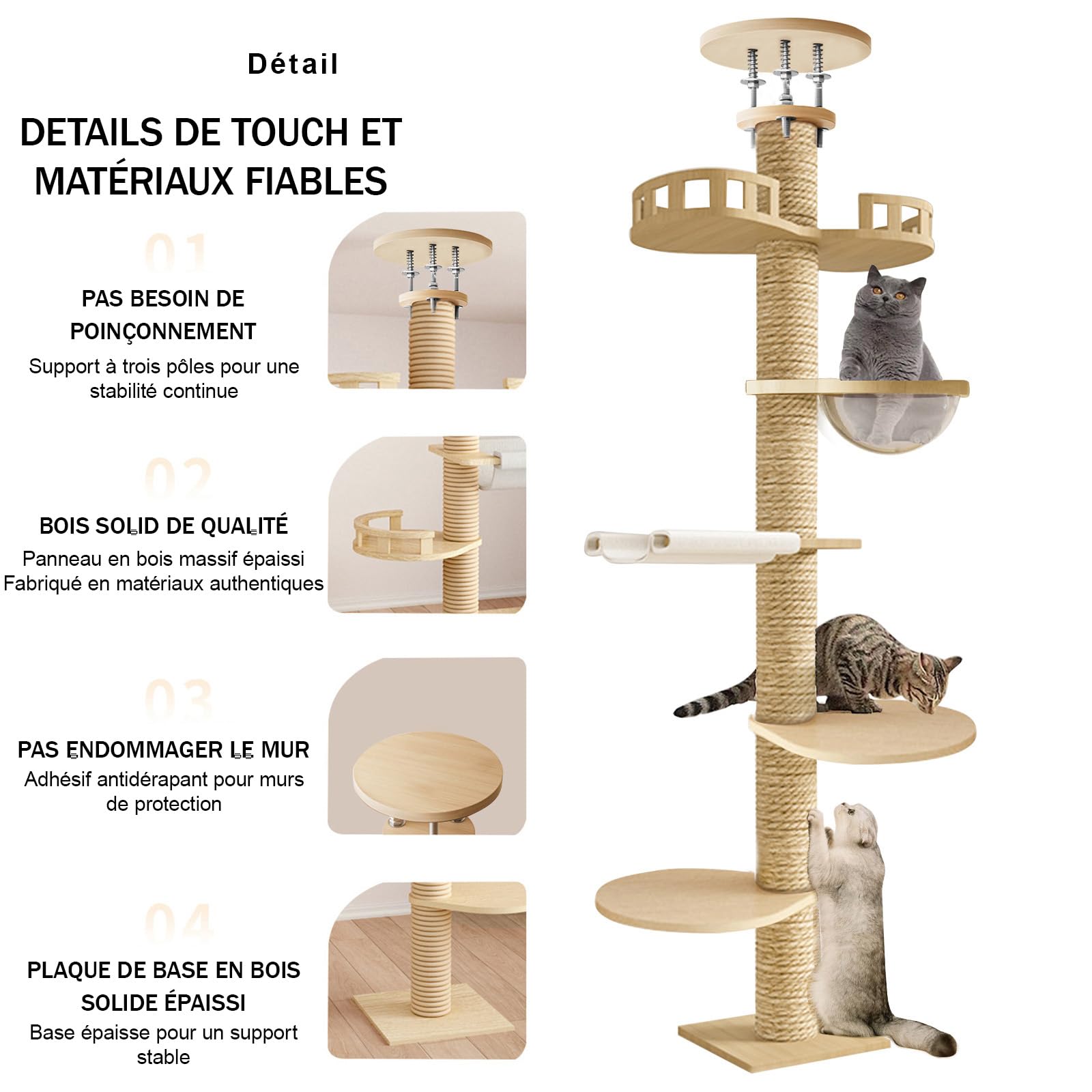 Arbre à Chat Plafond Réglable 300 cm – Grand Arbre à Chat avec Hamac, Niche et Plateformes pour Chats d’Intérieur et Maine Coon