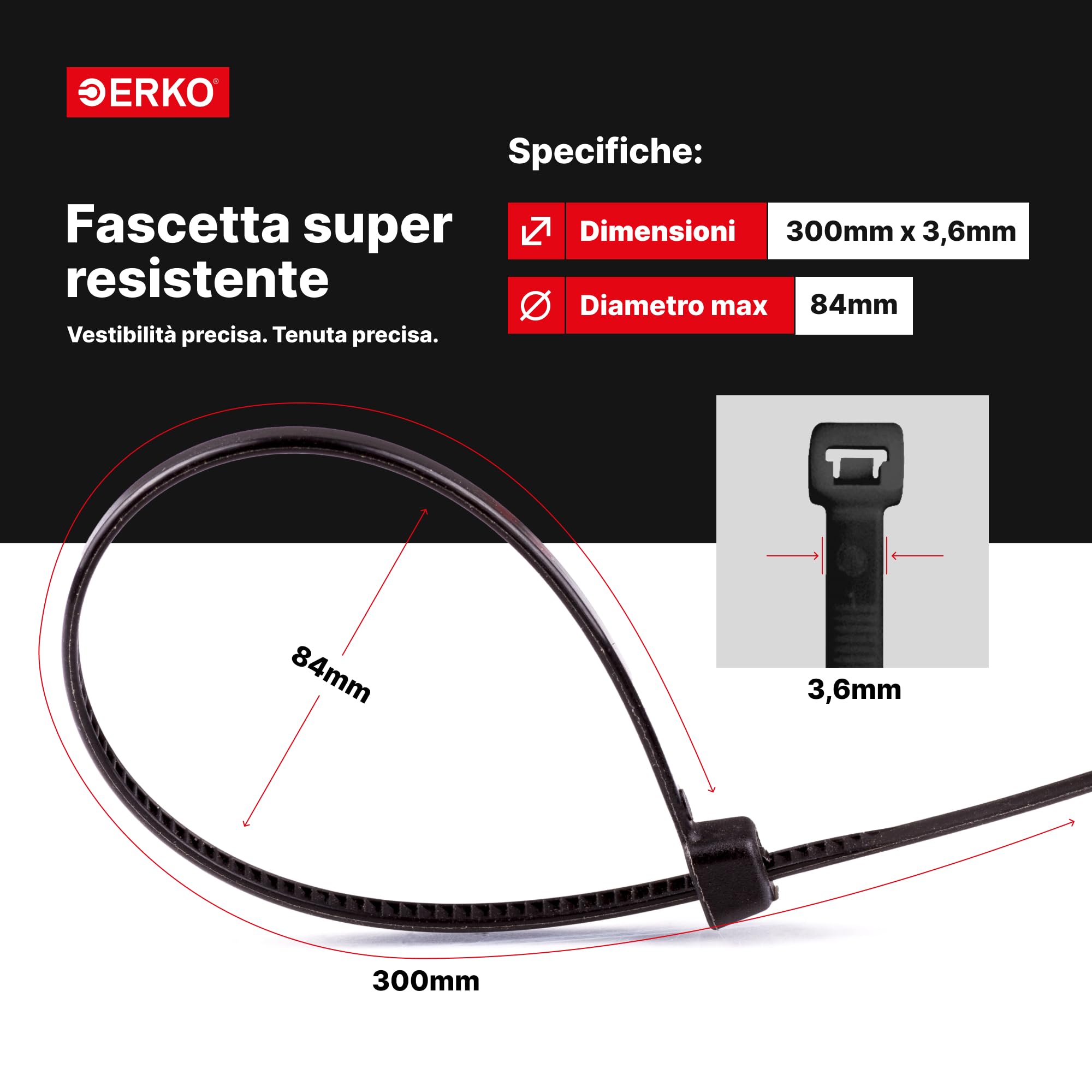 ERKO Fascette plastica nere 300 x 3,6 mm 100 pezzi di cablaggio professionali, resistente a UV, Resistente allatemperature, Resistenza alla rottura 18 kg, forte