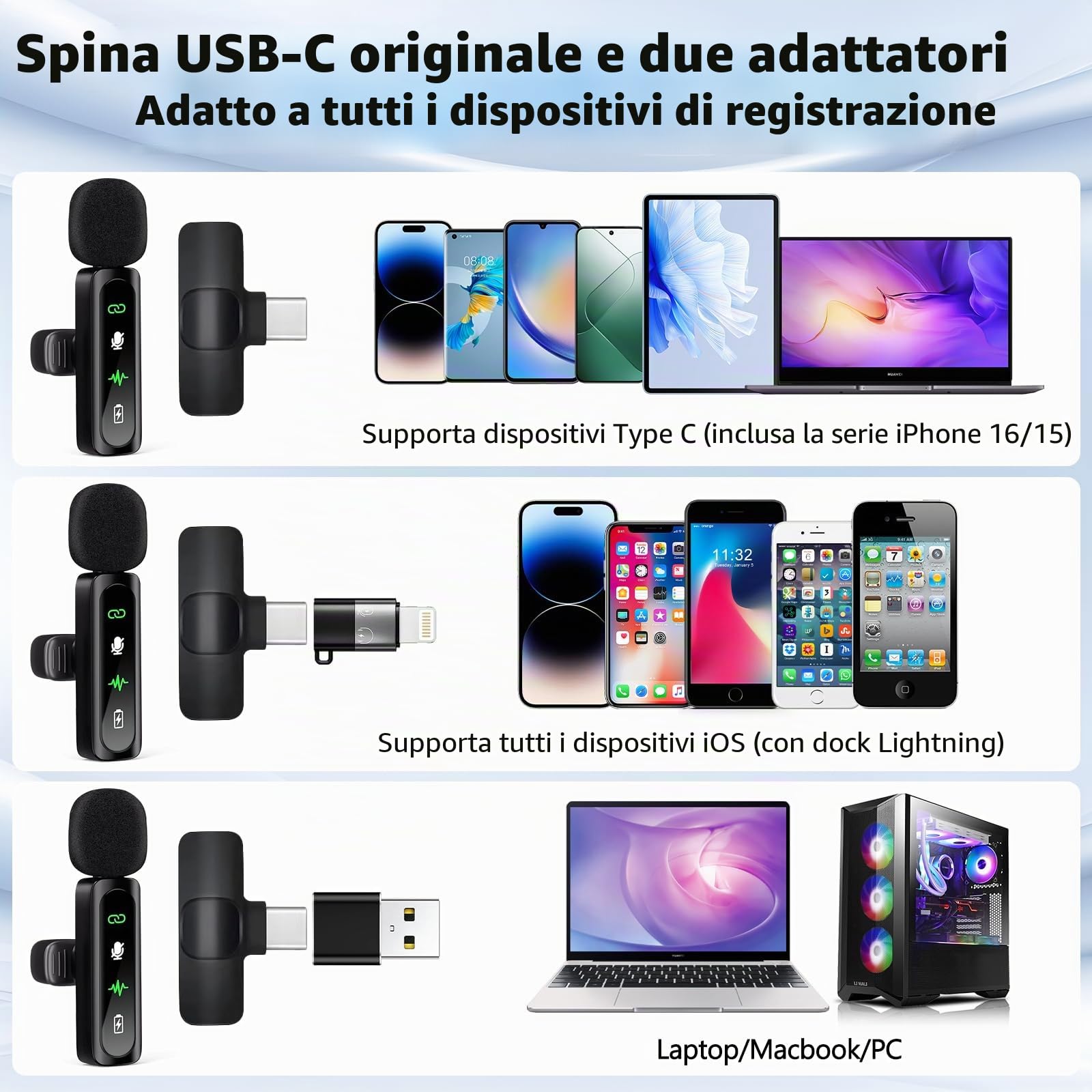 Microfono Lavalier per iPhone Android Laptop, Mini Microfono Wireless, A Clip,Con Display a LED,Riduzione Del Rumore,Per La Registrazione Video Social, Tiktok, Youtube,Streaming, Podcast, Vlogging