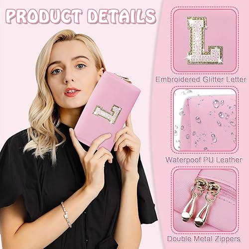 Miniatura 3 de Biileen Pequeña bolsa de maquillaje preppy con letra inicial personalizada, Rosado