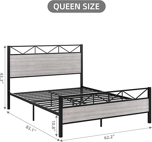Miniatura 2 de GAOMON Base de cama tamaño Queen, marco de cama de plataforma de metal con cabecero y estribo de veta de madera gris claro, sin ruido, fácil