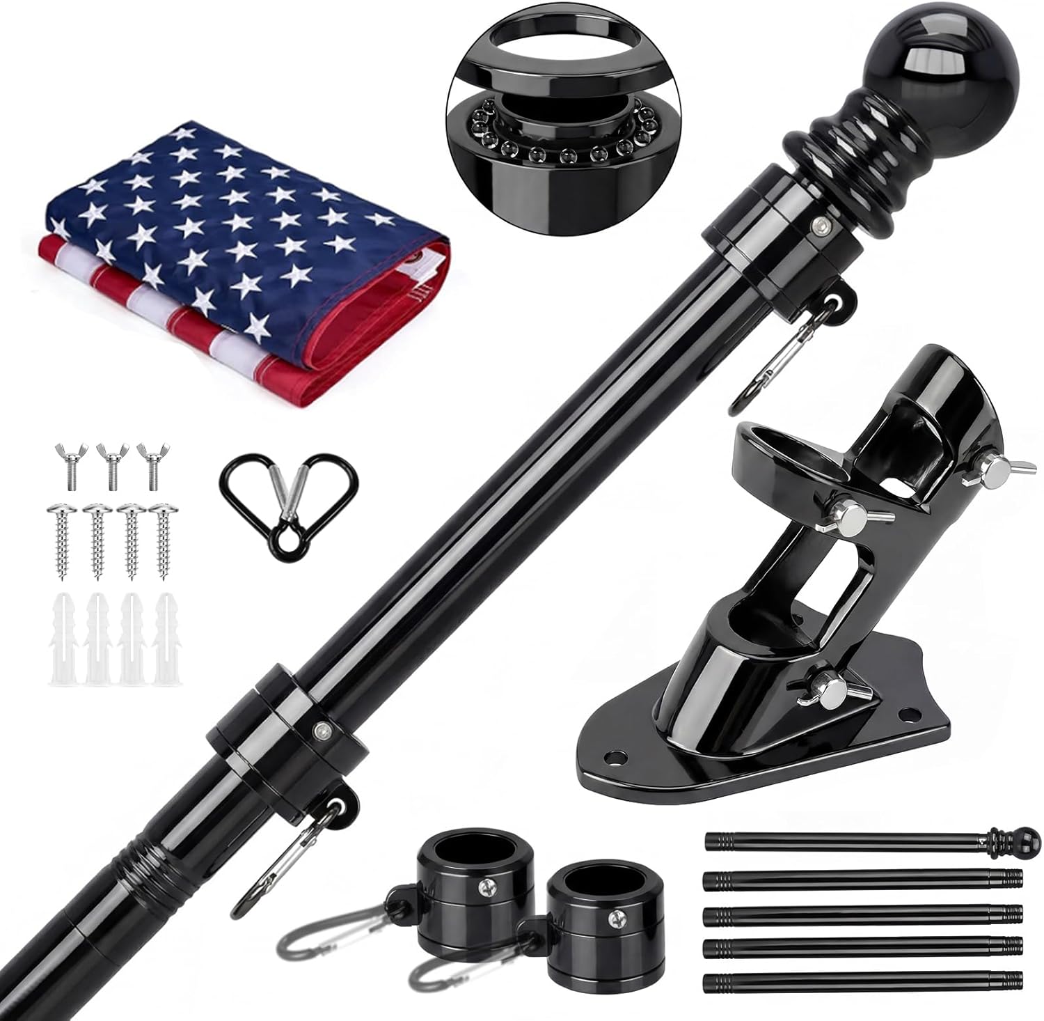American Flag with Pole Kit for Outside House - 6 FT Black Stainless Steel Flagpole, 3x5 Embroidered US Flag & Wall Mounting Holder Bracket, No Tangle Spinning Flag Pole Kit for Outdoor Porch