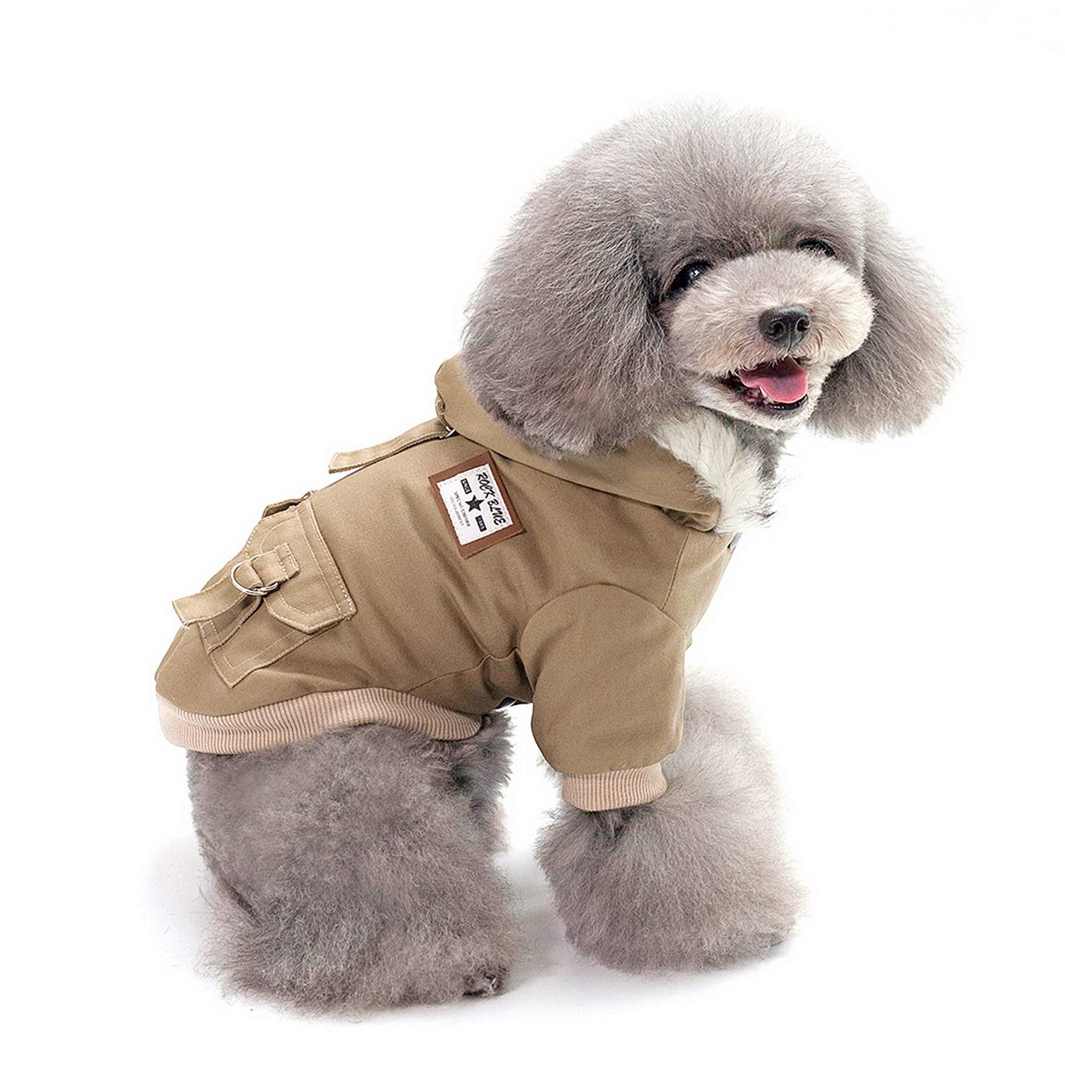 SMALLLEE_LUCKY_STORE Pet Hooded Military Jacket Parka Coat for Small Dogs Cats Boy Girl with Faux Fur Hood Pockets Soft Warm Fleece Lined Winter Puppy Clothes Toy Poodle Shih Tzu Pug,Khaki XXL