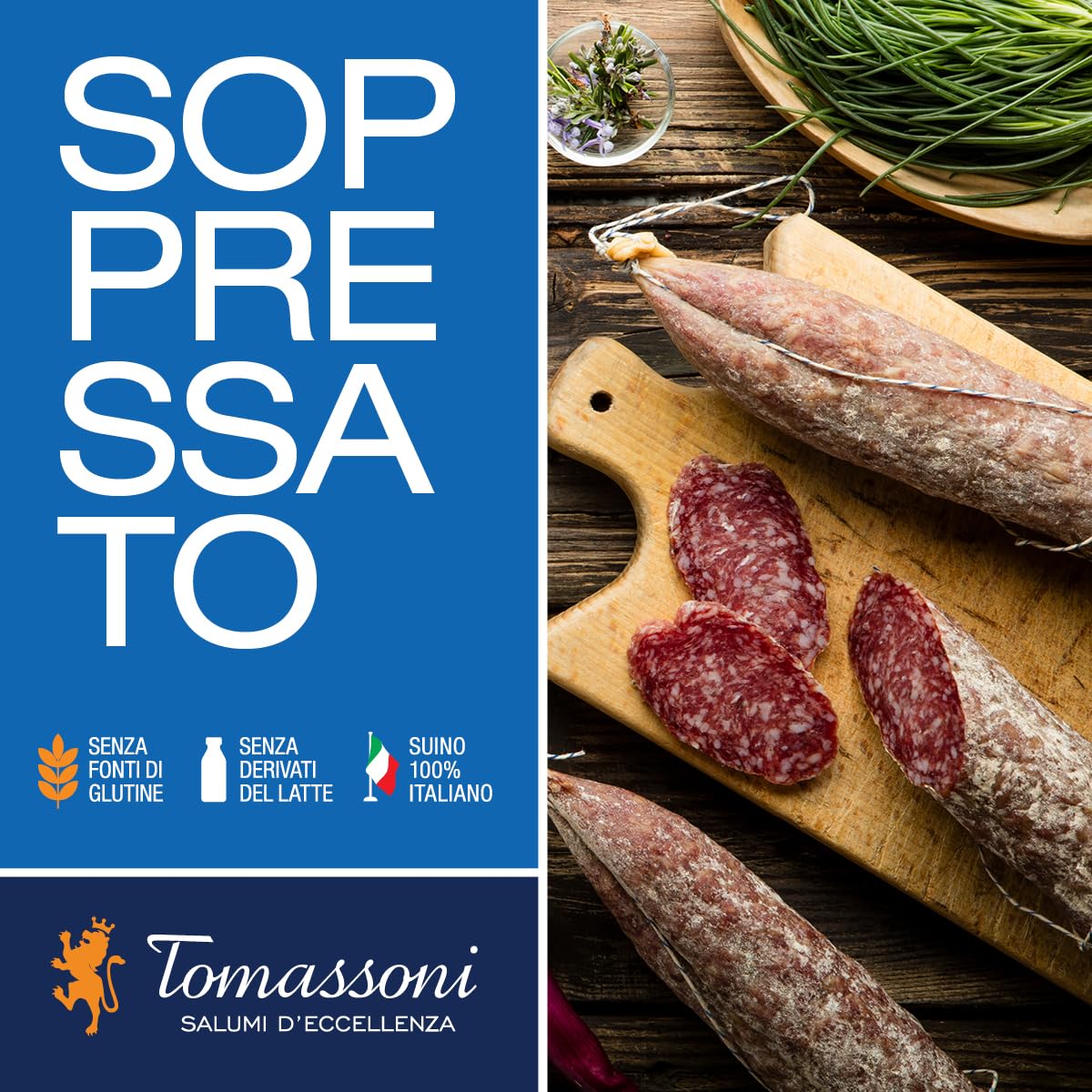 Tomassoni Italienisch SALAMI SOPPRESSATO aus halbwildem Schweinefleisch Ganz 500g, Salame Soppressato, glutenfreiund laktosefrei, 100% Italian Artisan Product, vakuumverpackt