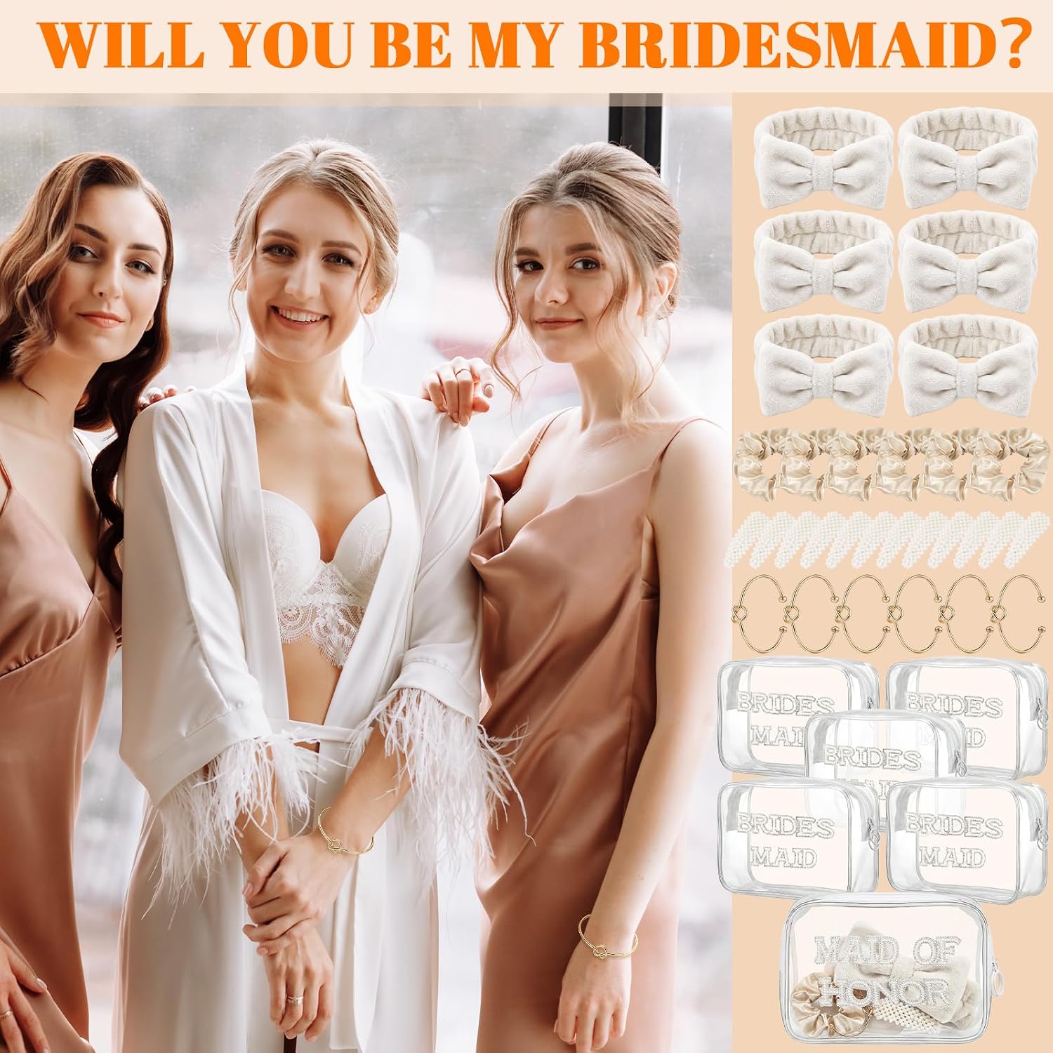 Sosation 36 Pcs Set of 6 Bridesmaid Proposal Gifts, Bridesmaid Pearl Makeup Bag Silk Scrunchies Hair Clip Spa Headband for Maid of Honor Bachelorette Party Bridal Shower Favors, Champagne Gold