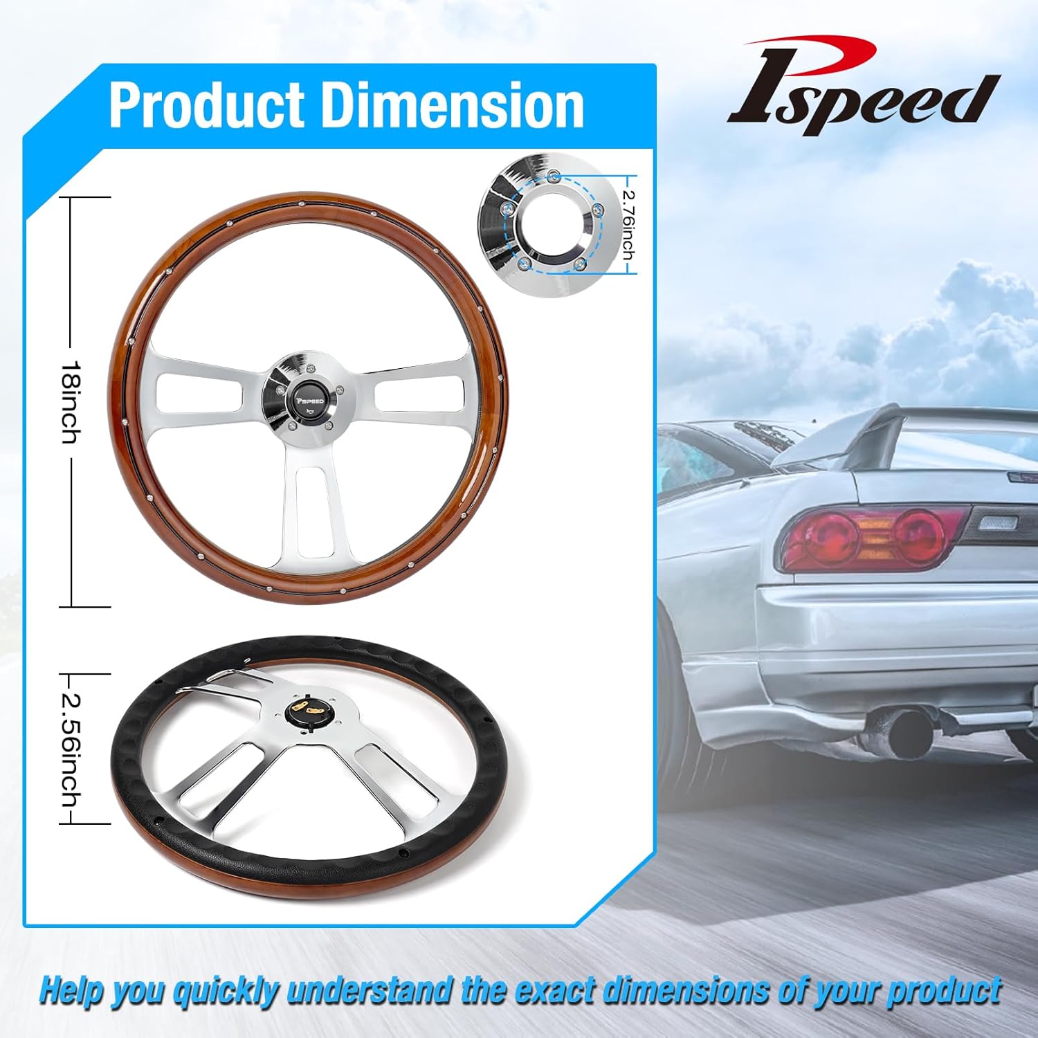 18" Solid Wood lacquering Truck Steering Wheel,Wood Grip 3 Spokes 5-Bolt Chrome-Plated aluminum Classic Steering Wheel fit for Kenworth,for Peterbilt,for Volvo,for Freightliner