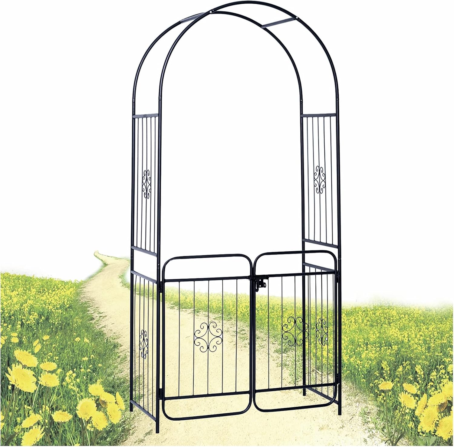 Gate Entry Arch Rose Archway with gate, Metal Arbor Pergola Arbour Trellis for Outdoor Decoration Backyard Self Assembly 220x100x50cm