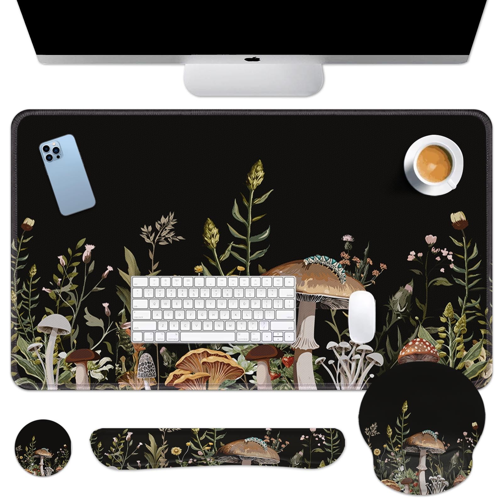 Britimes Black Mushroom Floral Keyboard Mouse Pad Set Plant Flower 4in1 Large Mousepad+Keyboard Wrist Rest+Mouse Wrist Rest+Coaster Ergonomic Design