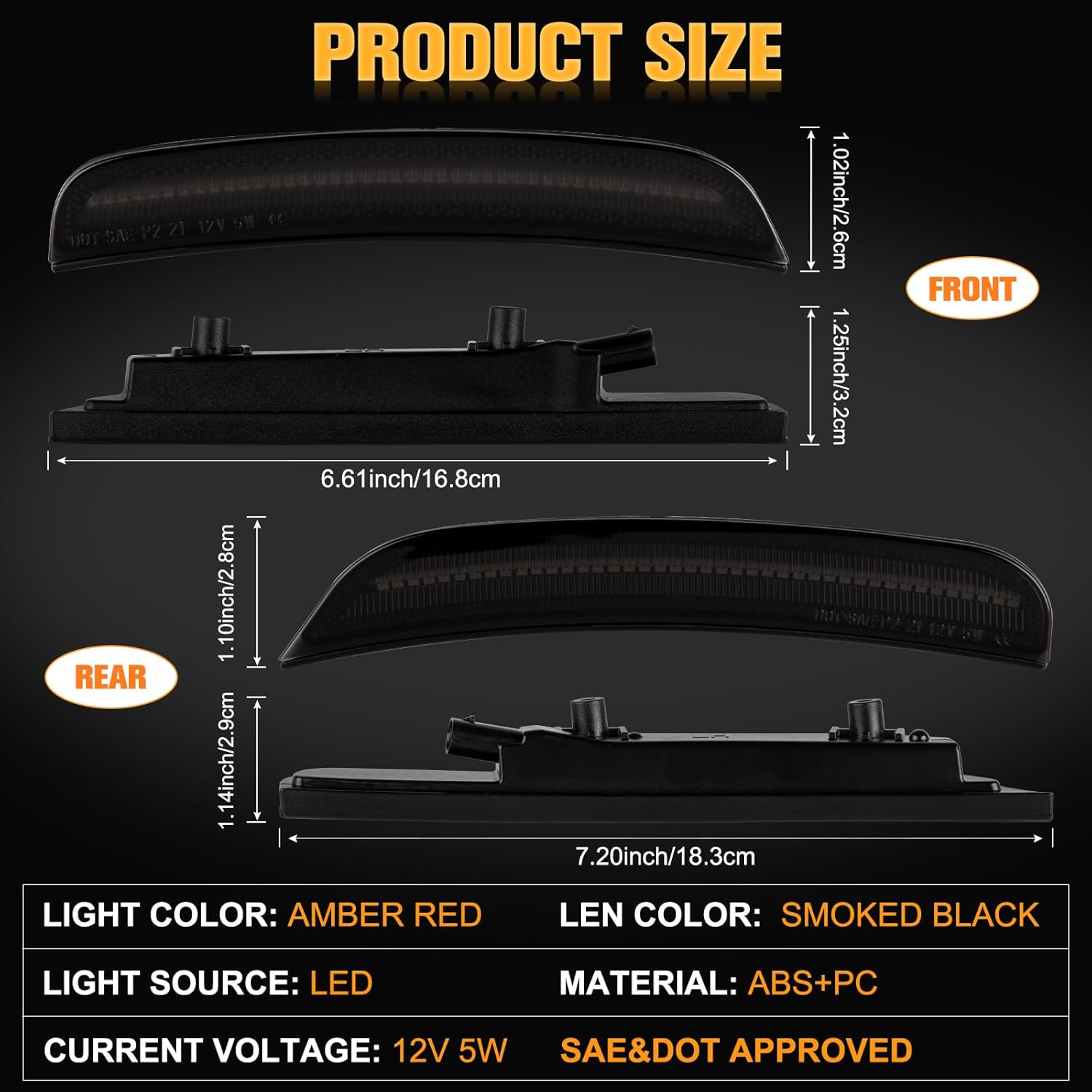 Gempro LED Side Marker Lights Compatible with Dodge Charger LD 2015-2023 Front Rear Bumper Marker Lamps Smoked Len, 4PCS (Amber Red)