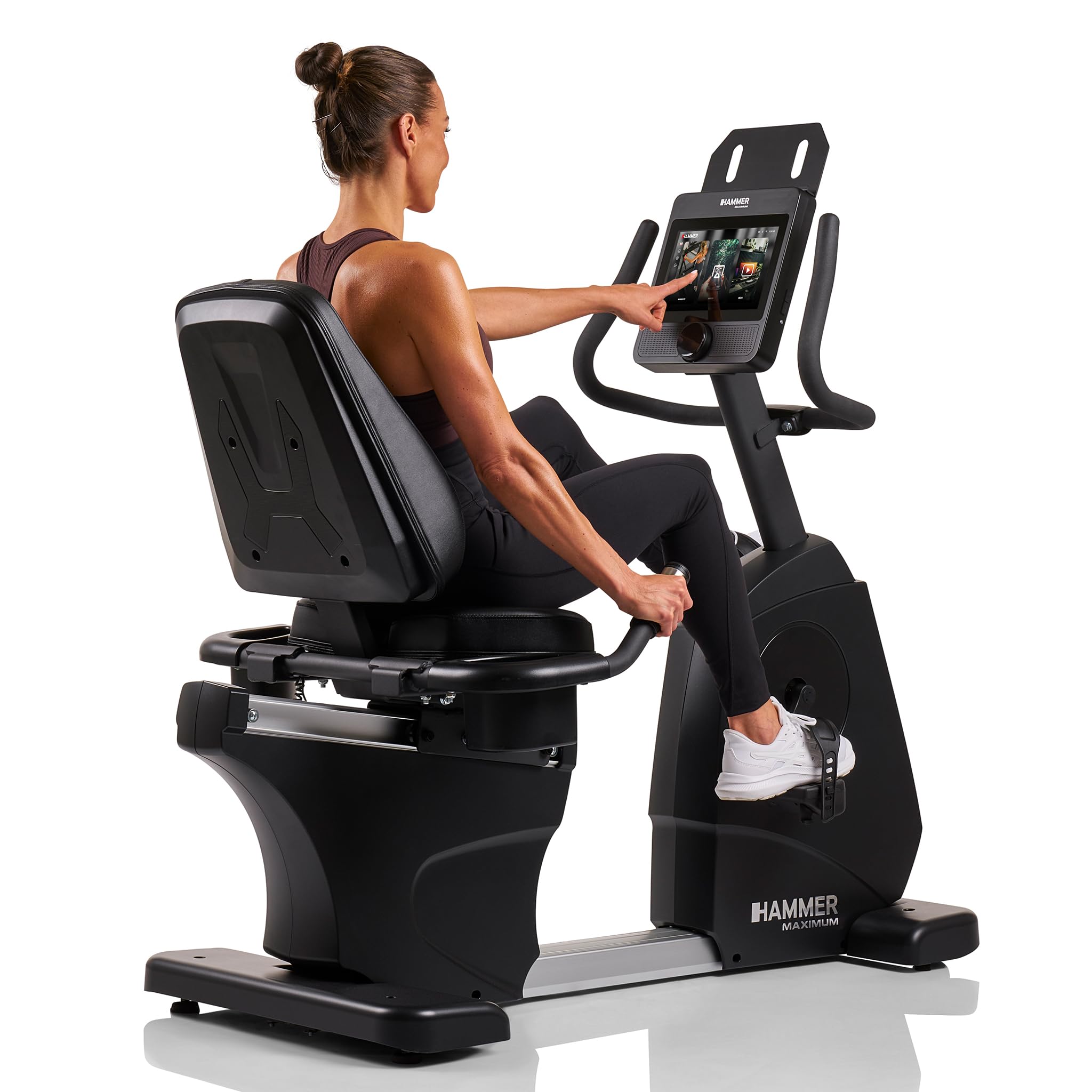 HAMMER Liegeergometer RB 8000 – Recumbent Bike elektrisch, TFT-Touchscreen, 17 Programme, 14 kg Schwungmasse, ergonomischer Sitz & Rückenlehne, Pulsmessung, gelenkschonendes Fitnessgerät