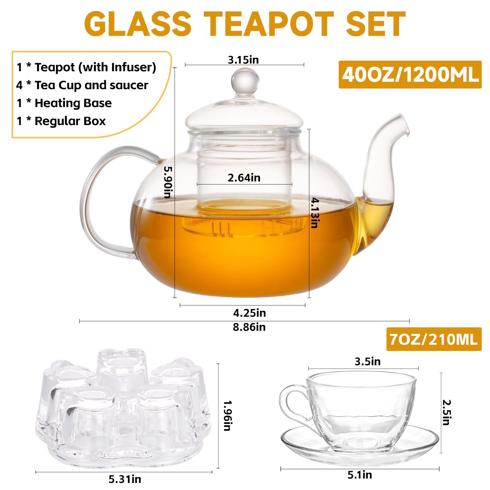 Glas-Teekannen-Set, 1200 ml, herdsicherer Glas-Teekessel mit herausnehmbarem Teesieb und Stövchen, Teetassen und Untertassen, 4er-Set, blühender Tee und lose Blätter, Teebereiter-Set für Frauen